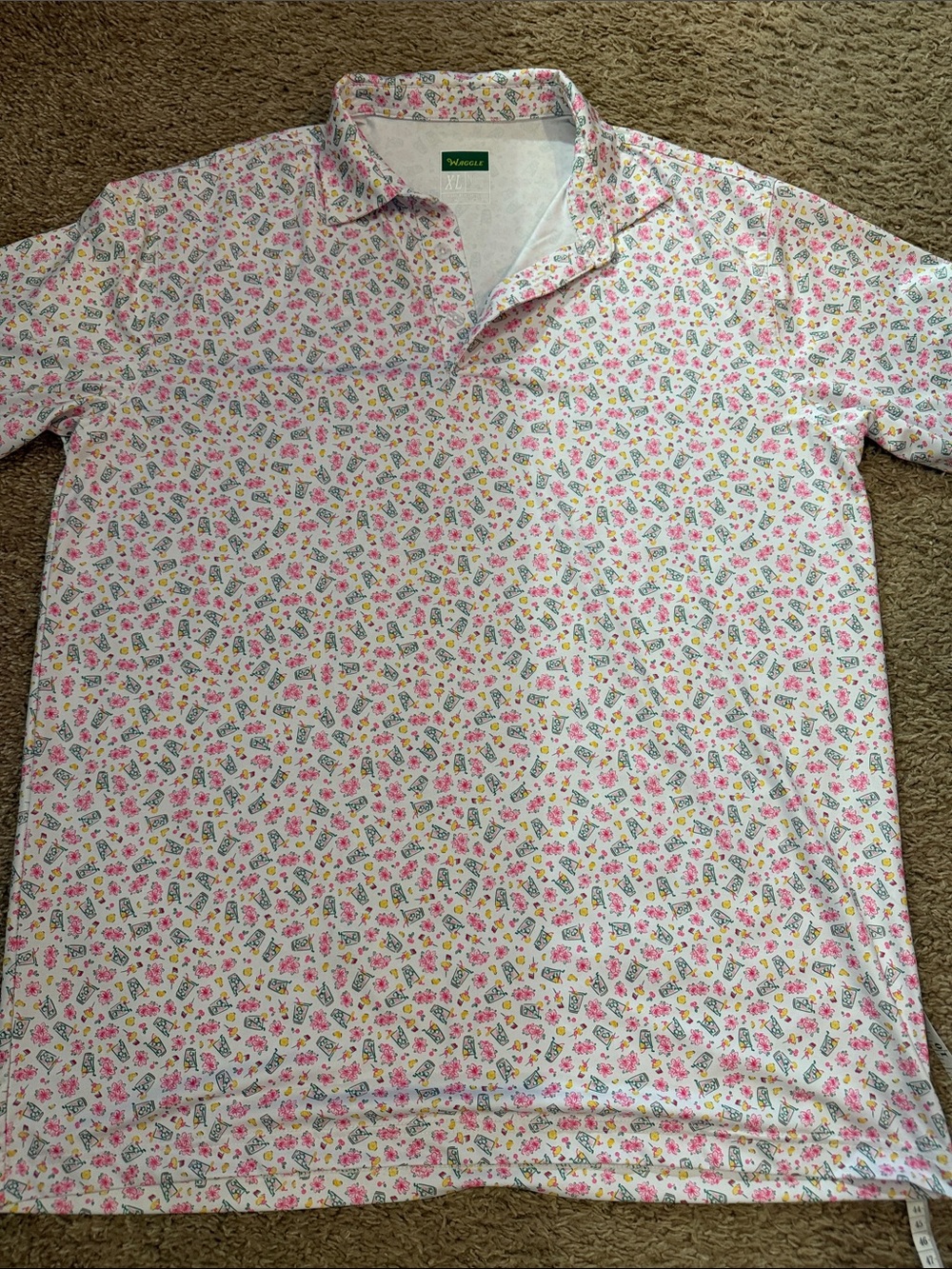 Waggle NWOT White Polo with Pink & Green Floral Motif - Masters 2026 edition